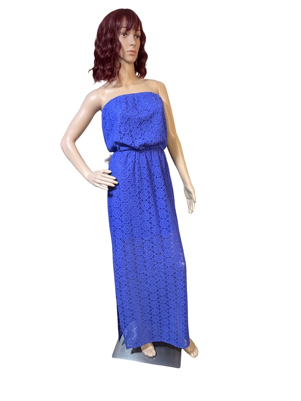 Lilly Pulitzer EUC Sz XS Royal Blue Knit Lace Strapless Midi Dress (0829)